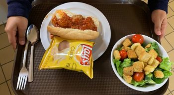 Meatball sandwich, chips and fresh salad