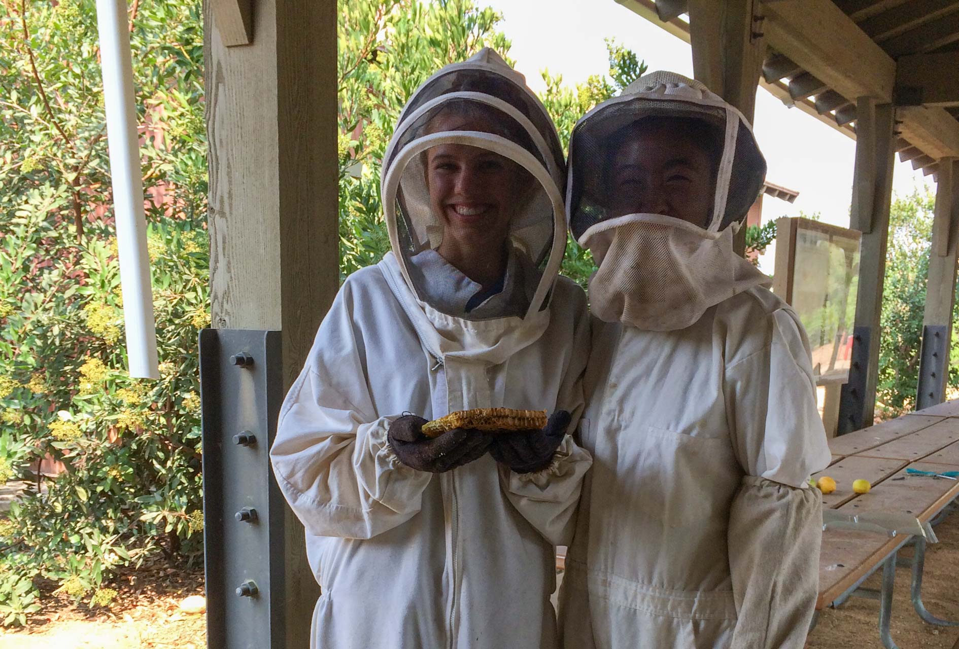 Two teens dressed in beekeeper gear volunteering