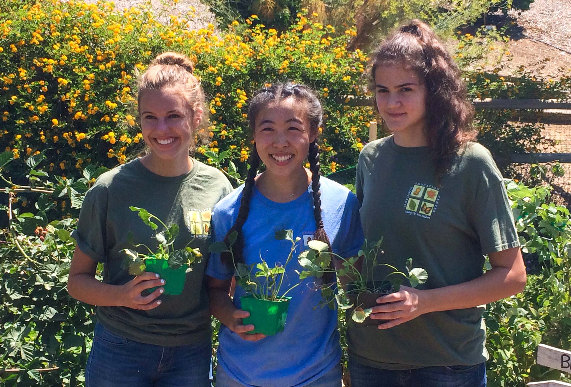 Three girls volunteering and holding flower pots